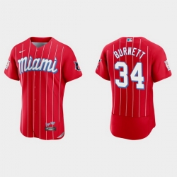 Miami Marlins 34 A J  Burnett Men Nike 2021 City Connect Authentic MLB Jersey Red