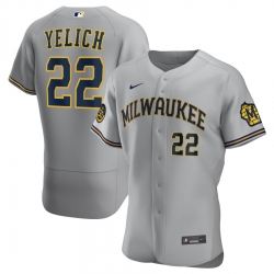 Men Milwaukee Brewers 22 Christian Yelich Men Nike Gray Road 2020 Flex Base Player MLB Jersey