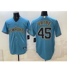 Men Milwaukee Brewers 45 Abner Uribe Blue Stitched Baseball Jersey Men Milwaukee Brewers 45 Abner Uribe Blue Stitched Baseball Jersey