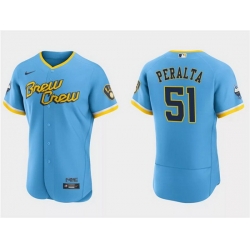 Men Milwaukee Brewers 51 Freddy Peralta Powder Blue 2022 City Connect Flex Base Stitched MLB Jersey