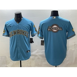 Men Milwaukee Brewers Team Big Logo Blue With Home   Bob Uecker Patch Stitched Baseball Jersey