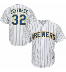 Mens Majestic Milwaukee Brewers 32 Jeremy Jeffress Replica White Home Cool Base MLB Jersey 