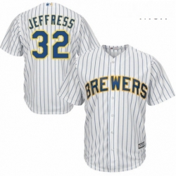 Mens Majestic Milwaukee Brewers 32 Jeremy Jeffress Replica White Home Cool Base MLB Jersey 