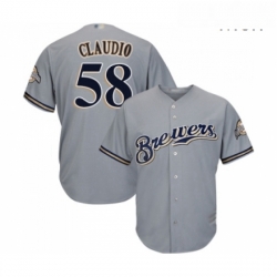 Mens Milwaukee Brewers 58 Alex Claudio Replica Grey Road Cool Base Baseball Jersey 