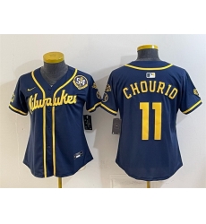 Women Milwaukee Brewers  11 Jackson Chourio Navy With Home   Bob Uecker Patch Limited Stitched Jersey