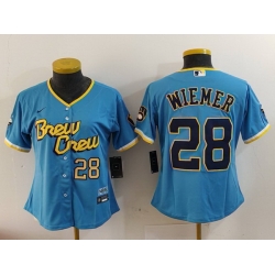 Women Milwaukee Brewers 28 Joey Wiemer Powder Blue City Connect Cool Base Stitched Jersey 2