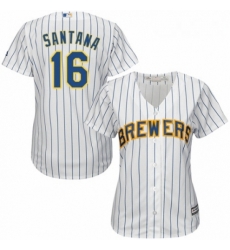 Womens Majestic Milwaukee Brewers 16 Domingo Santana Authentic White Home Cool Base MLB Jersey 