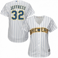 Womens Majestic Milwaukee Brewers 32 Jeremy Jeffress Authentic White Home Cool Base MLB Jersey 