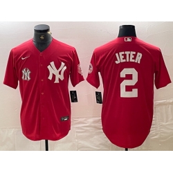 Men New York Yankees 2 Derek Jeter Red Cool Base Stitched Baseball Jersey