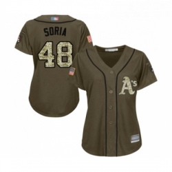 Womens Oakland Athletics 48 Joakim Soria Authentic Green Salute to Service Baseball Jersey 