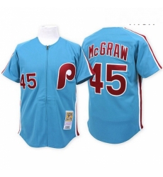 Mens Mitchell and Ness Philadelphia Phillies 45 Tug McGraw Replica Blue Throwback MLB Jersey