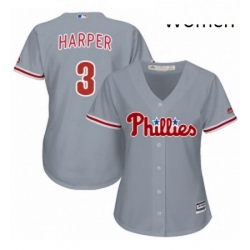 Womens Philadelphia Phillies 3 Bryce Harper Grey Road Stitched MLB Jersey 