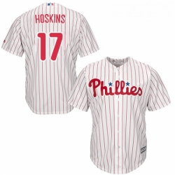 Youth Majestic Philadelphia Phillies 17 Rhys Hoskins Authentic WhiteRed Strip Home Cool Base MLB Jersey 