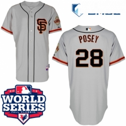 Mens Majestic San Francisco Giants 28 Buster Posey Authentic Grey Road 2 Cool Base 2012 World Series Patch MLB Jersey