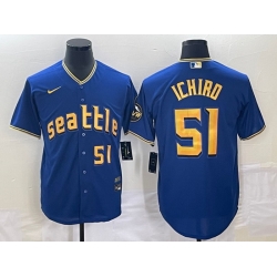 Men's Seattle Mariners #51 Ichiro Suzuki Number Blue 2023 City Connect Cool Base Stitched Jersey