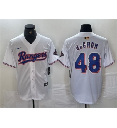 Men Texas Rangers 48 Jacob DeGrom White Gold Cool Base Stitched Baseball Jersey