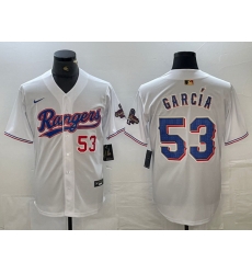 Men Texas Rangers 53 Adolis Garcia Number White 2023 World Series Champions Cool Base Jersey