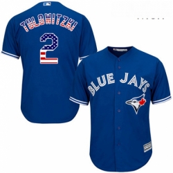 Mens Majestic Toronto Blue Jays 2 Troy Tulowitzki Replica Royal Blue USA Flag Fashion MLB Jersey