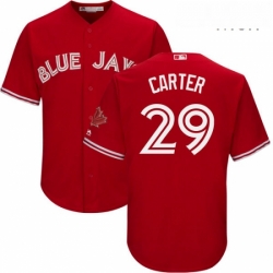 Mens Majestic Toronto Blue Jays 29 Joe Carter Replica Scarlet Alternate Cool Base MLB Jersey