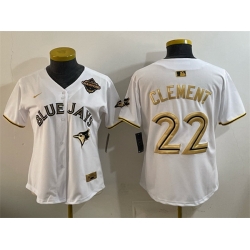 Women Toronto Blue Jays 22 Ernie Clement White Gold 2025 American League Champions Limited Stitched Baseball Jersey 