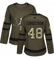 Womens Adidas Anaheim Ducks 48 Isac Lundestrom Authentic Green Salute to Service NHL Jersey 