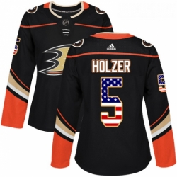 Womens Adidas Anaheim Ducks 5 Korbinian Holzer Authentic Black USA Flag Fashion NHL Jersey 