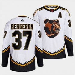 Men Boston Bruins 37 Patrice Bergeron White 2022 Reverse Retro Stitched Jersey