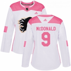 Womens Adidas Calgary Flames 9 Lanny McDonald Authentic WhitePink Fashion NHL Jersey 