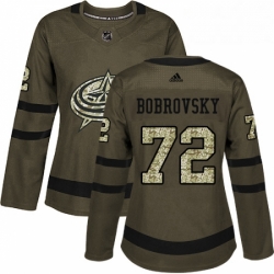 Womens Adidas Columbus Blue Jackets 72 Sergei Bobrovsky Authentic Green Salute to Service NHL Jersey 