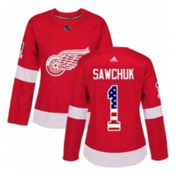 Womens Adidas Detroit Red Wings 1 Terry Sawchuk Authentic Red USA Flag Fashion NHL Jersey 