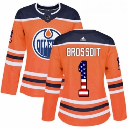 Womens Adidas Edmonton Oilers 1 Laurent Brossoit Authentic Orange USA Flag Fashion NHL Jersey 