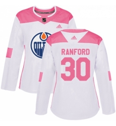 Womens Adidas Edmonton Oilers 30 Bill Ranford Authentic WhitePink Fashion NHL Jersey 