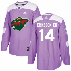 Mens Adidas Minnesota Wild 14 Joel Eriksson Ek Authentic Purple Fights Cancer Practice NHL Jersey 