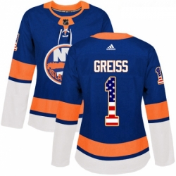 Womens Adidas New York Islanders 1 Thomas Greiss Authentic Royal Blue USA Flag Fashion NHL Jersey 