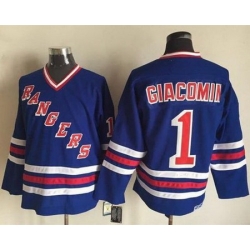 Rangers #1 Eddie Giacomin Blue CCM Heroes of Hockey Alumni Stitched NHL Jersey