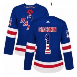 Womens Adidas New York Rangers 1 Eddie Giacomin Authentic Royal Blue USA Flag Fashion NHL Jersey 