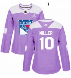 Womens Adidas New York Rangers 10 JT Miller Authentic Purple Fights Cancer Practice NHL Jersey 