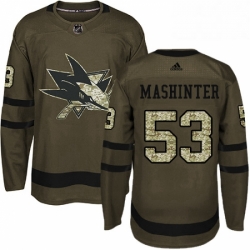 Mens Adidas San Jose Sharks 53 Brandon Mashinter Authentic Green Salute to Service NHL Jersey 