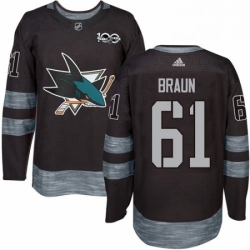 Mens Adidas San Jose Sharks 61 Justin Braun Authentic Black 1917 2017 100th Anniversary NHL Jersey 