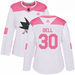 Womens Adidas San Jose Sharks 30 Aaron Dell Authentic WhitePink Fashion NHL Jersey 