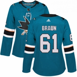 Womens Adidas San Jose Sharks 61 Justin Braun Authentic Teal Green Home NHL Jersey 