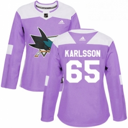 Womens Adidas San Jose Sharks 65 Erik Karlsson Authentic Purple Fights Cancer Practice NHL Jersey 