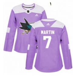 Womens Adidas San Jose Sharks 7 Paul Martin Authentic Purple Fights Cancer Practice NHL Jersey 