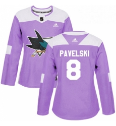 Womens Adidas San Jose Sharks 8 Joe Pavelski Authentic Purple Fights Cancer Practice NHL Jersey 