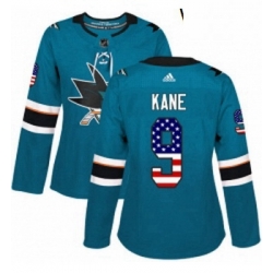 Womens Adidas San Jose Sharks 9 Evander Kane Authentic Teal Green USA Flag Fashion NHL Jerse