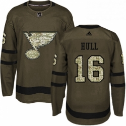 Mens Adidas St Louis Blues 16 Brett Hull Authentic Green Salute to Service NHL Jersey 