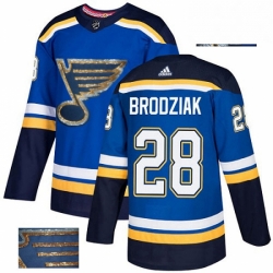 Mens Adidas St Louis Blues 28 Kyle Brodziak Authentic Royal Blue Fashion Gold NHL Jersey 