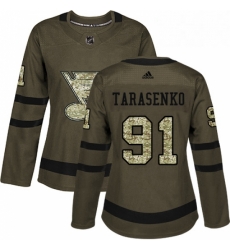 Womens Adidas St Louis Blues 91 Vladimir Tarasenko Authentic Green Salute to Service NHL Jersey 