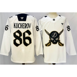 Men Tampa Bay Lightning 86 Nikita Kucherov 2024 25 White Gasparilla Inspired Pirate Themed Warmup Stitched Jersey