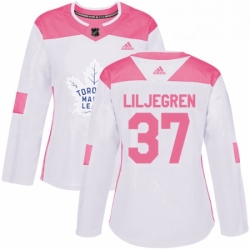 Womens Adidas Toronto Maple Leafs 37 Timothy Liljegren Authentic White Pink Fashion NHL Jersey 